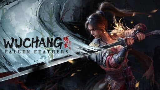 A warrior in armor wields a sword, with "WUCHANG Fallen Feathers" displayed on a misty forest background.
