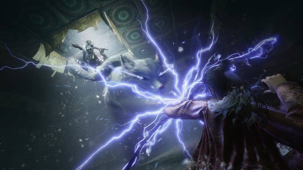 A person shoots blue lightning at a wolf and a figure, reminiscent of WUCHANG Fallen Feathers, crashing through a ceiling into a dark room.