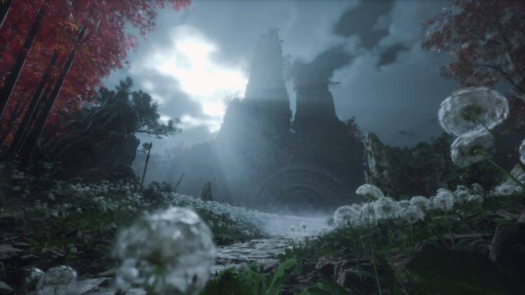 A misty path with dandelions leads to tall, ancient stone ruins under a cloudy, moonlit sky, evoking the mysterious world of WUCHANG: Fallen Feathers.