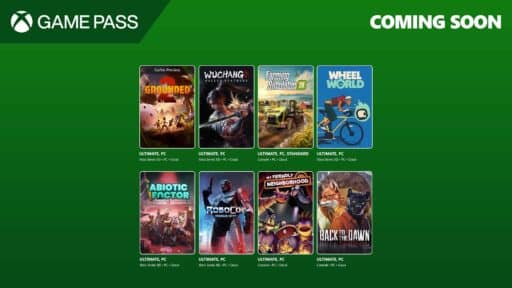 Eight upcoming Xbox Game Pass games displayed on a green background with “Coming Soon” text at the top right.