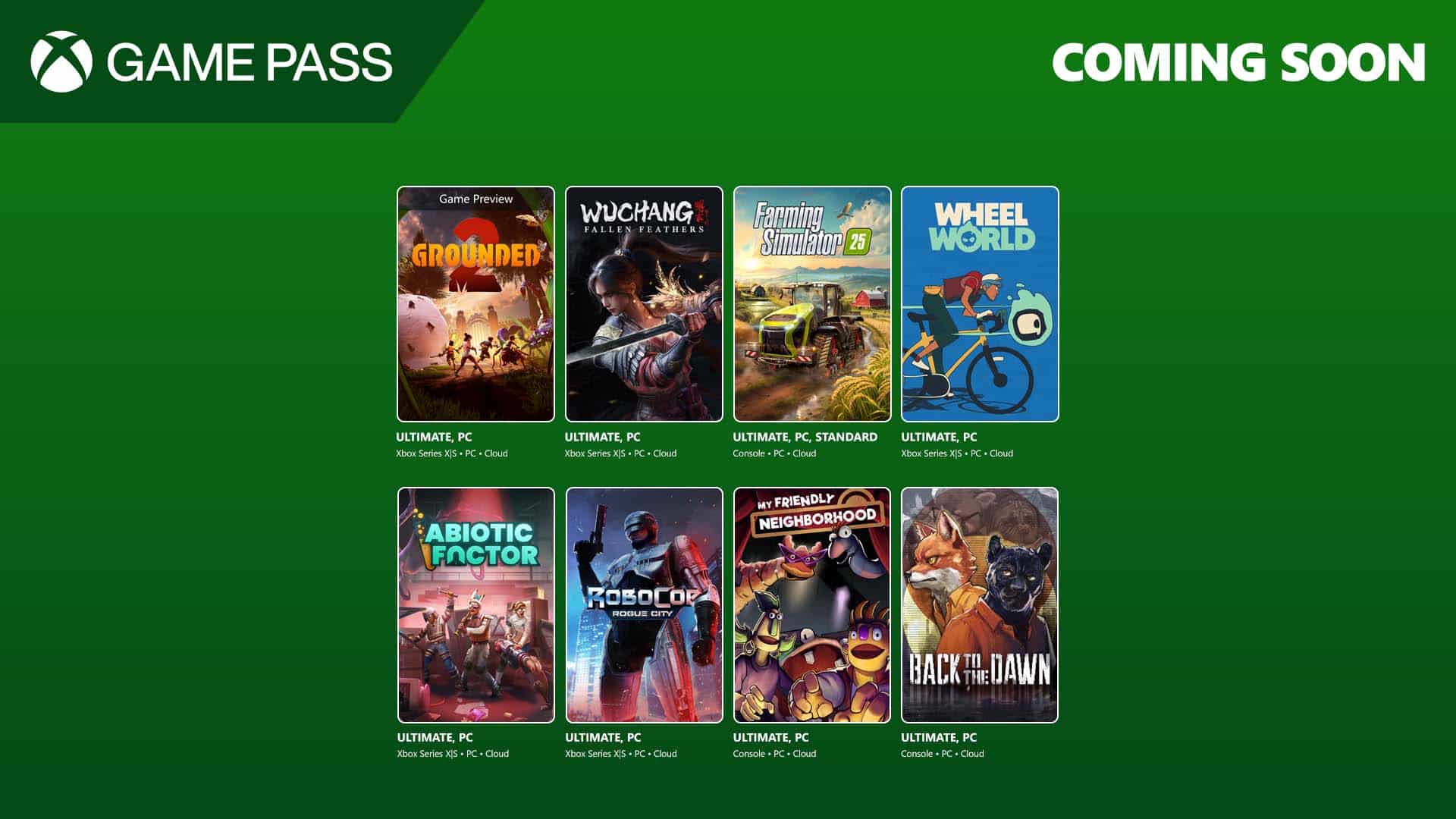 Eight upcoming Xbox Game Pass games displayed on a green background with “Coming Soon” text at the top right.