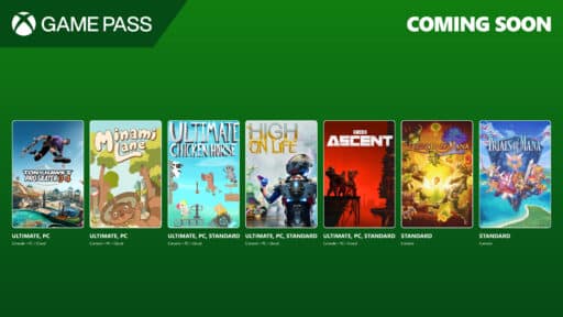 A green Game Pass banner shows seven upcoming game covers and their availability for console and PC.