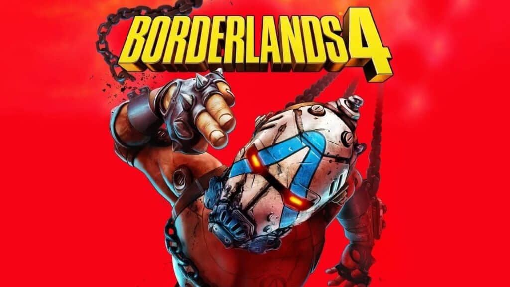 A masked character makes a hand gesture below the "Borderlands 4" logo on a red background, hinting at excitement for Xbox Gamescom 2025.