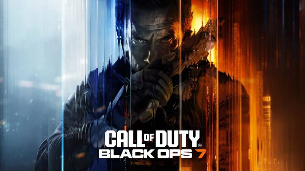 A soldier holds a weapon with “Call of Duty Black Ops 7” text over a blue and orange split background, teasing new action at Xbox Gamescom 2025.