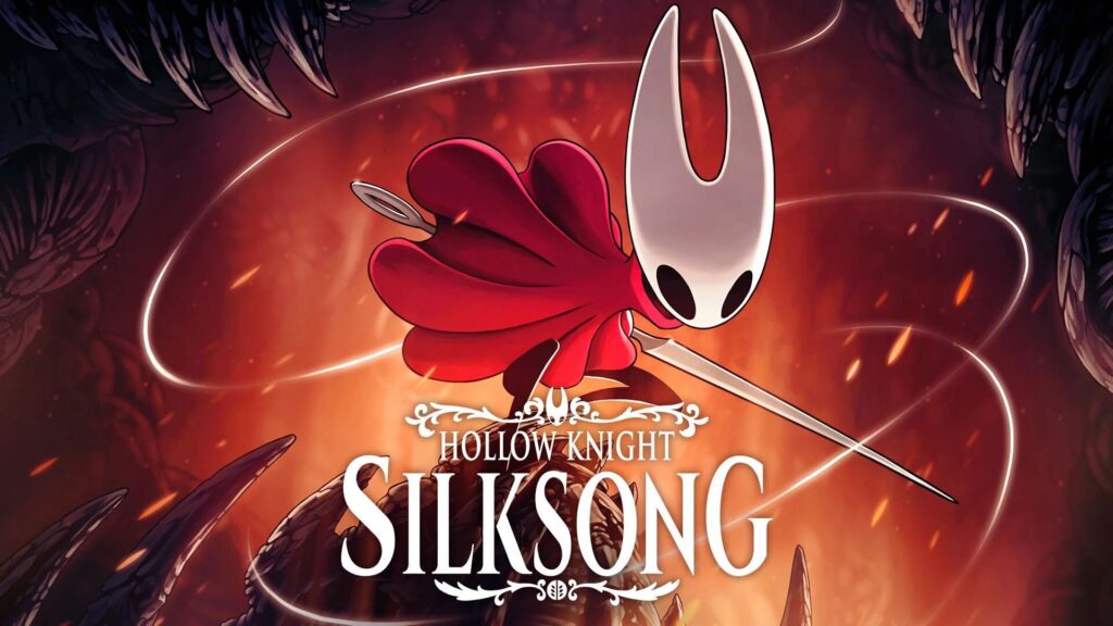 A white-masked, red-caped character leaps with a needle; the "Hollow Knight Silksong" logo is displayed below, hinting at exciting updates for Xbox Gamescom 2025.