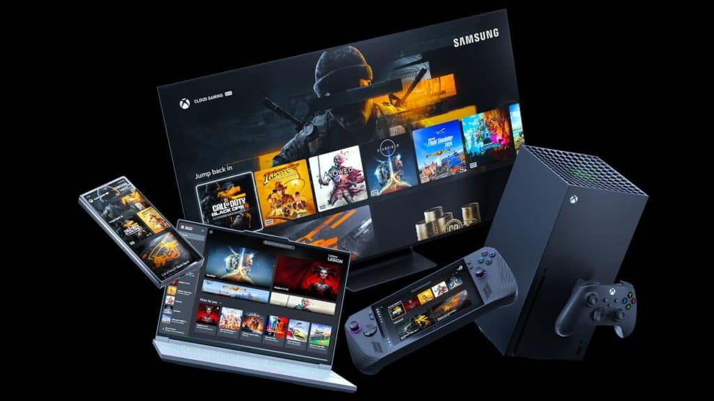 Various gaming devices, including a TV, console, controller, tablets, and smartphones displaying game interfaces inspired by Xbox Gamescom 2025.