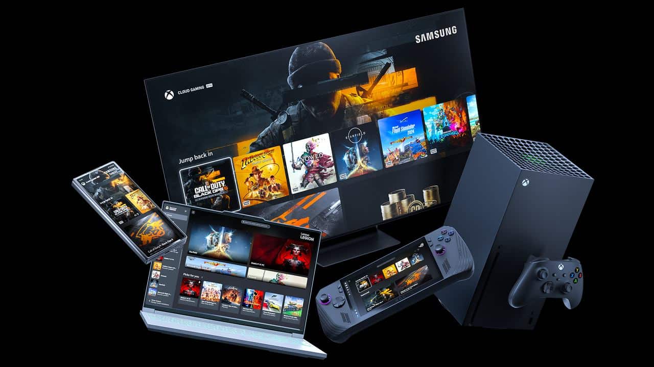 Various gaming devices, including a TV, console, controller, tablets, and smartphones displaying game interfaces inspired by Xbox Gamescom 2025.