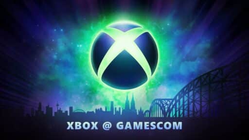 Glowing Xbox logo above a city skyline with text reading "Xbox Gamescom 2025.