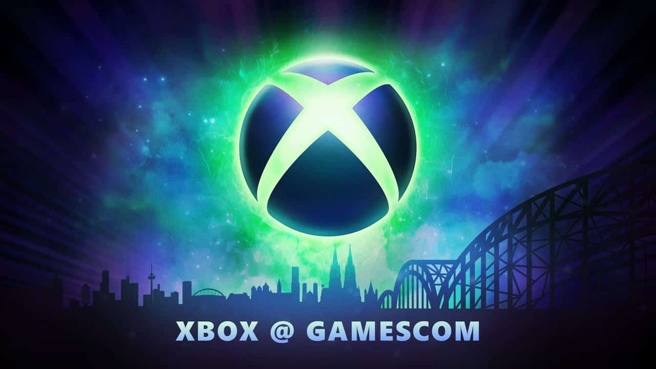 Glowing Xbox logo above a city skyline with text reading "Xbox Gamescom 2025.