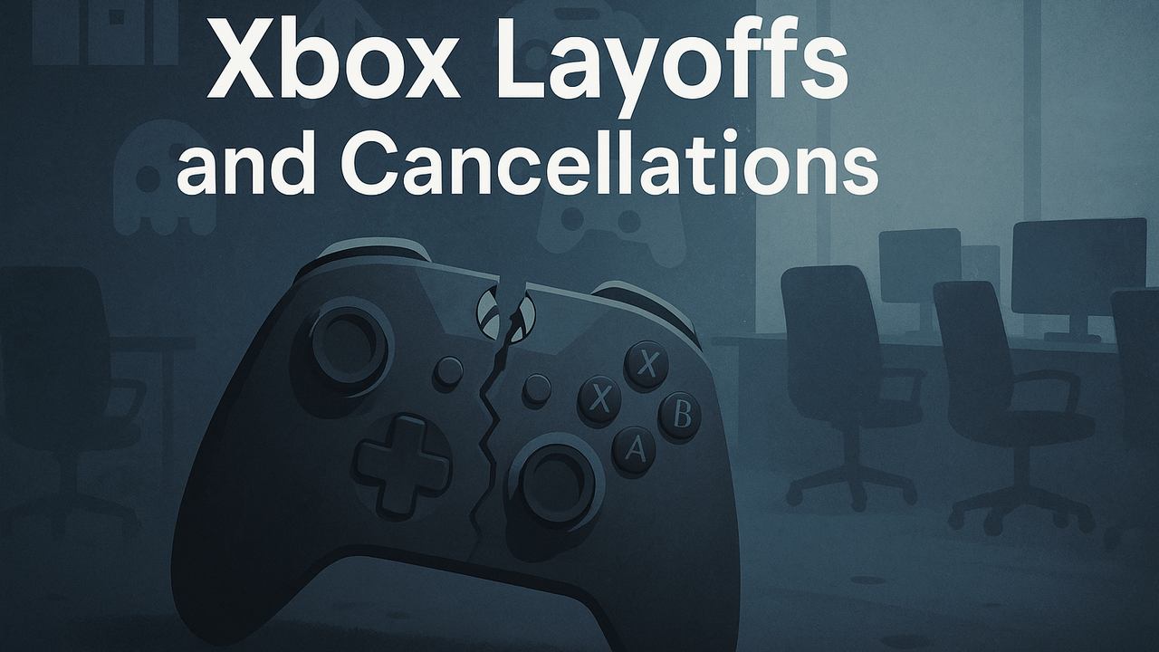 A broken Xbox controller with the text "Xbox layoffs and cancellations" set against a dim office background.