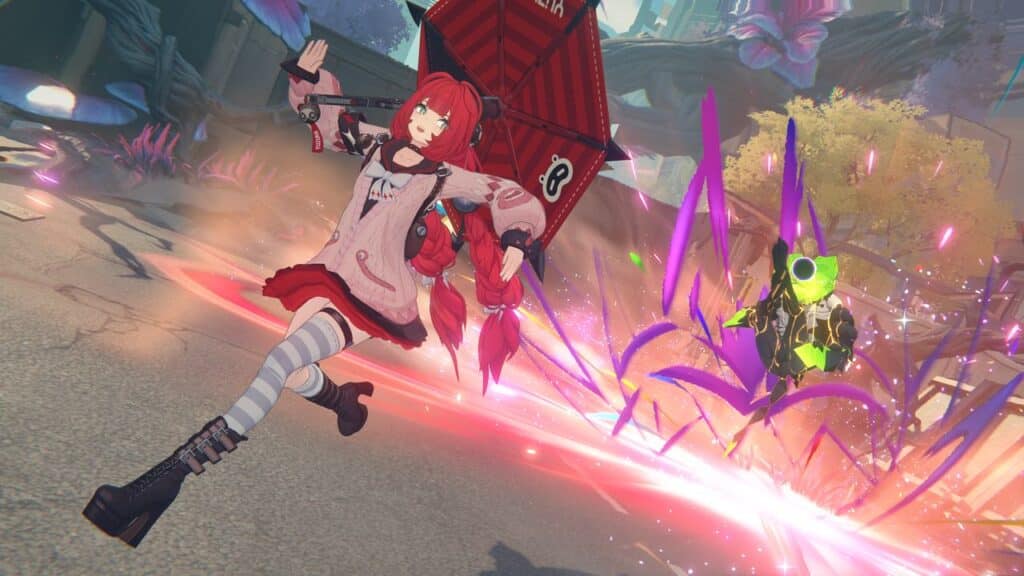 A girl with red hair runs from a robot shooting bright beams in a vibrant, futuristic setting inspired by Zenless Zone Zero Version 2.1.
