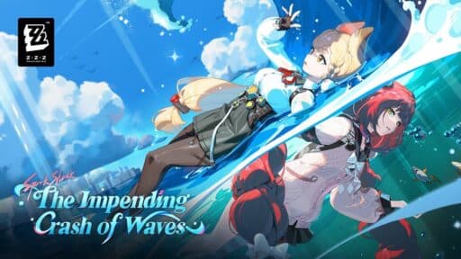 Two anime-style characters, one with blonde hair and one with red hair, are surrounded by crashing blue waves in a scene inspired by Zenless Zone Zero Version 2.1.