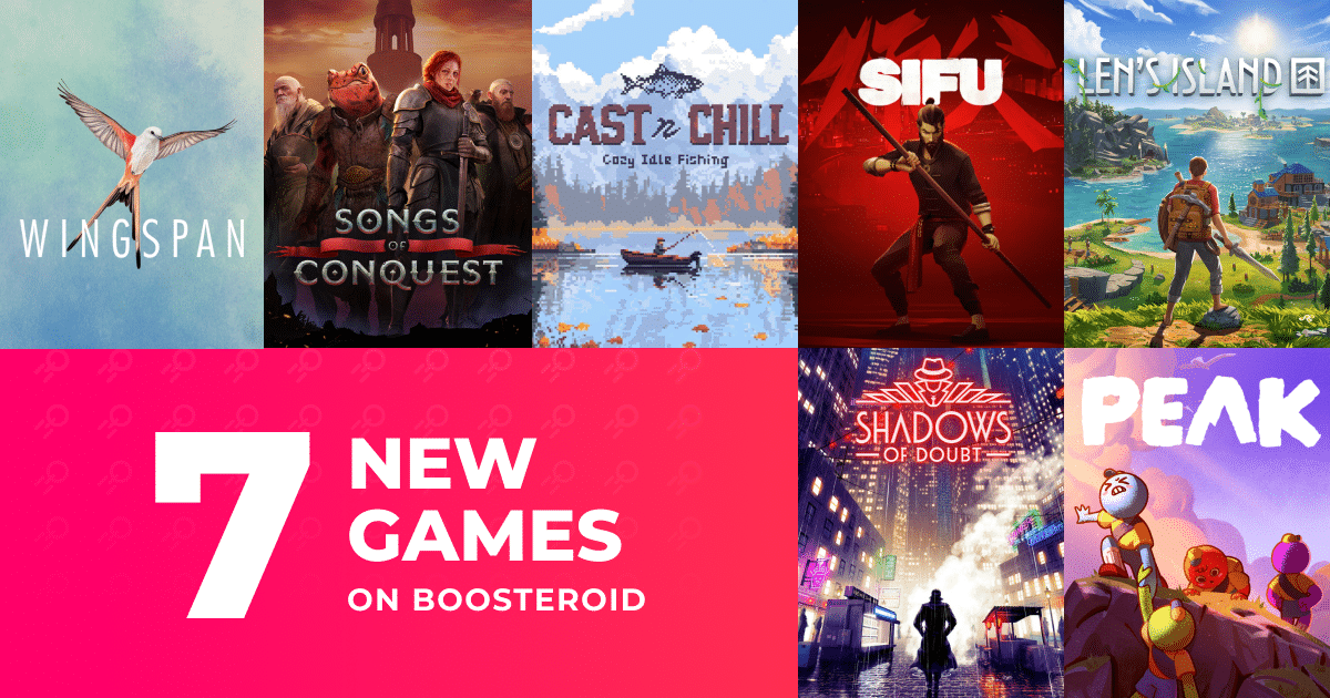 Seven game covers with the text: “7 New Games on Boosteroid” over a pink background at the bottom.