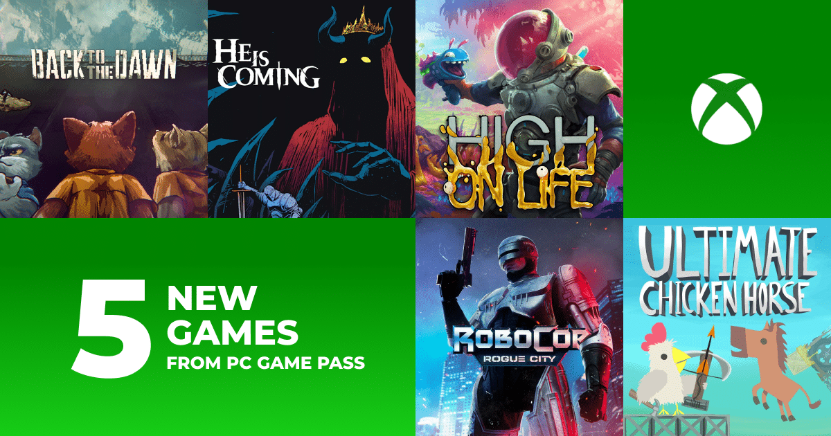 Six game covers, Xbox logo, and text: “5 new games from PC Game Pass.”.