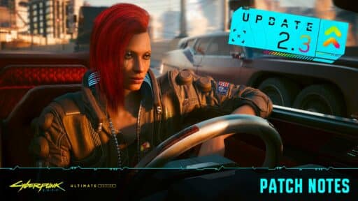 A woman with red hair drives a car in a futuristic city; text reads "Update 2.3" and "Patch Notes".