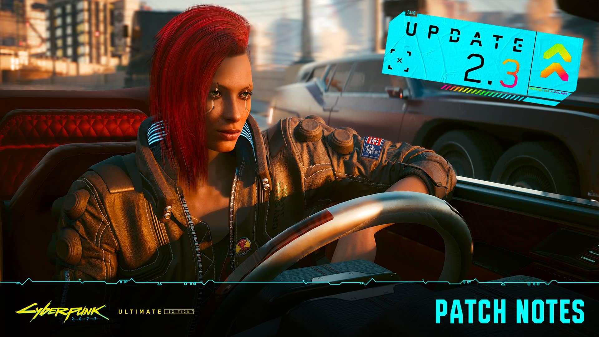 A woman with red hair drives a car in a futuristic city; text reads "Update 2.3" and "Patch Notes".