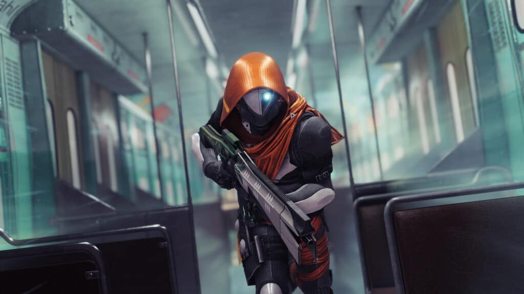 A futuristic armored figure with a glowing visor holds a rifle inside an empty subway train.