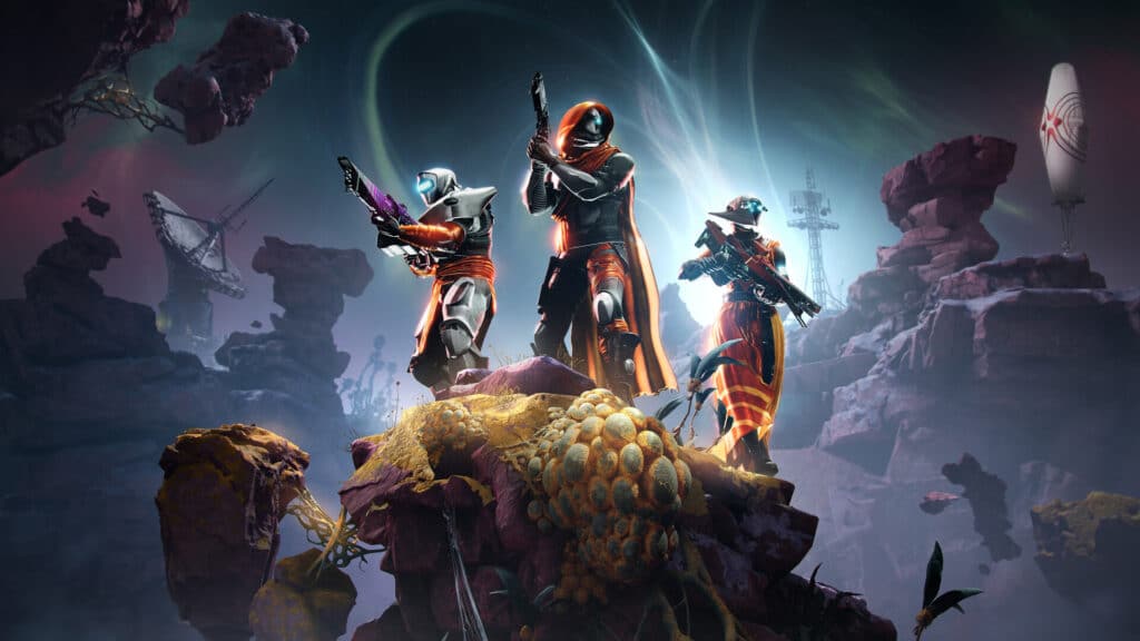 Three armored sci-fi characters pose heroically on rocky terrain with glowing effects and a dramatic sky.