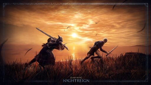 Two armored warriors face off at sunset near the sea, swords drawn, with birds flying overhead in the Elden Ring Nightreign 1.02 update.