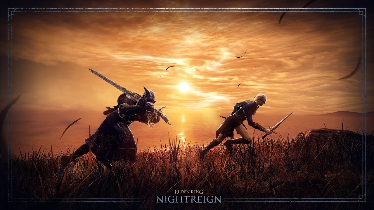 Two armored warriors face off at sunset near the sea, swords drawn, with birds flying overhead in the Elden Ring Nightreign 1.02 update.