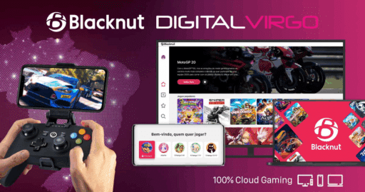 A controller, smartphone, tablet, and laptop display Blacknut cloud gaming platform with various game options.