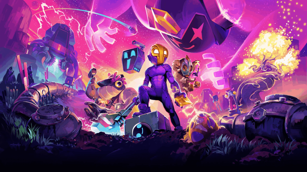A futuristic hero in purple armor stands amid robots and glowing technology in a vibrant, cosmic scene, reminiscent of the dynamic worlds explored in a Crashlands 2 review.