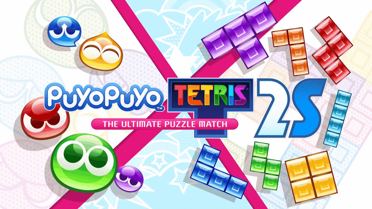 Puyo Puyo Tetros 2s game logos with colorful Puyo blobs and Tetris blocks on a bright, playful background.