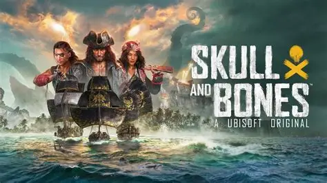 Three pirates stand on ships at sea with "Skull and Bones: A Ubisoft Original" game title on the right.