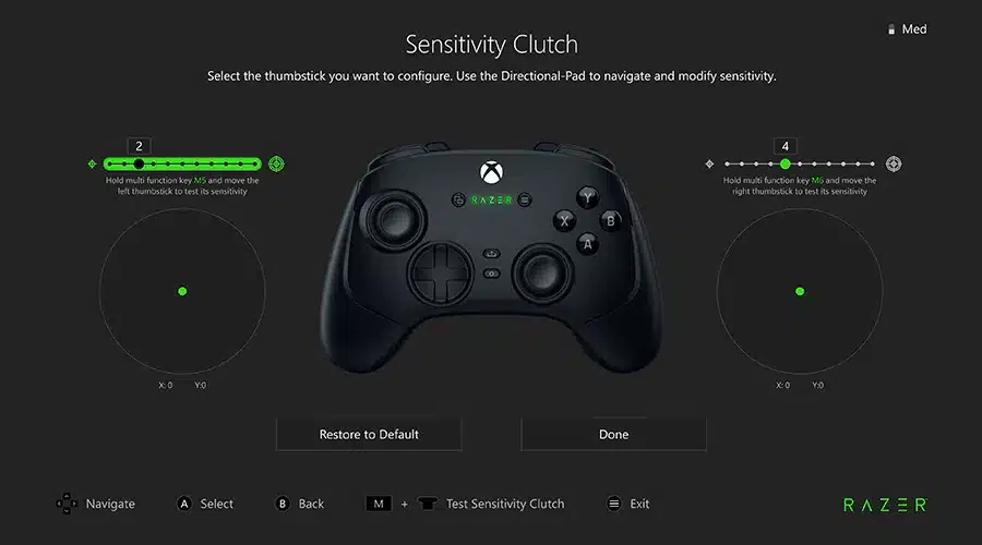 Xbox-style controller sensitivity settings screen with thumbstick adjustment guides and Restore to Default button.