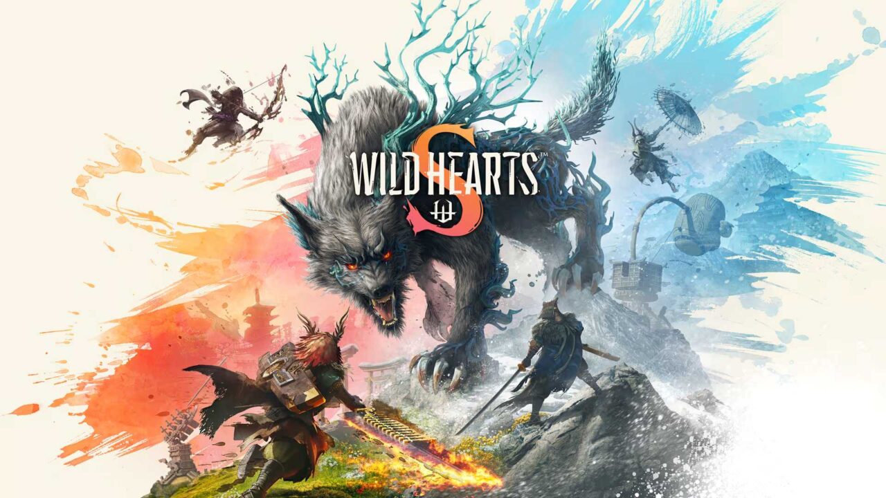 Three warriors confront a large wolf-like beast in a colorful, dynamic fantasy battle scene inspired by Wild Hearts S Review, with "Wild Hearts" text.