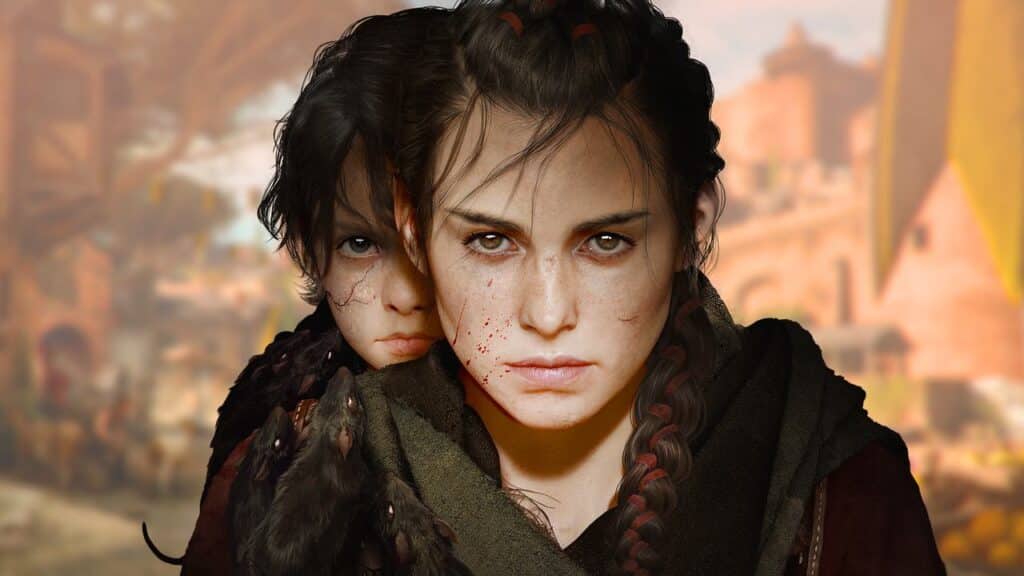A woman with braided hair and a boy stand close together, both with serious, intense expressions, in A Plague Tale: Requiem as if focused on mastering GOG games on Amazon Luna.