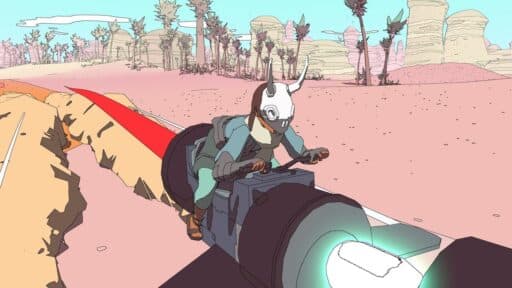 A person wearing a helmet rides a futuristic hoverbike across a pink desert with sparse trees, reminiscent of the vibrant worlds found in GOG games or experienced on Amazon Luna.