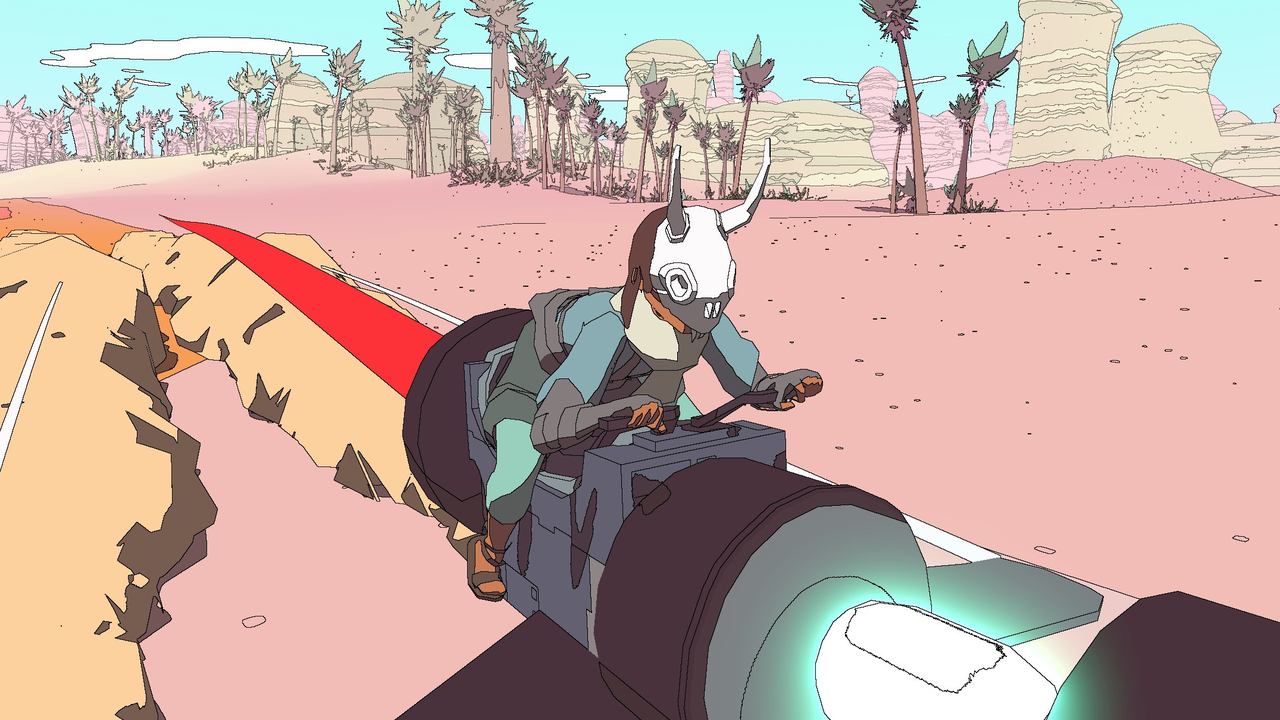 A person wearing a helmet rides a futuristic hoverbike across a pink desert with sparse trees, reminiscent of the vibrant worlds found in GOG games or experienced on Amazon Luna.