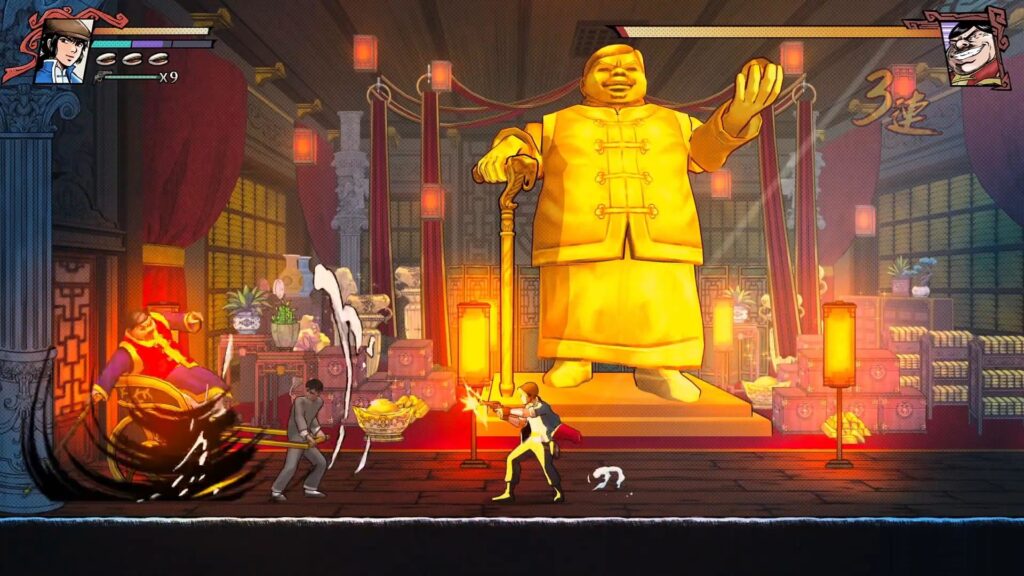 Two animated characters battle in front of a large golden statue in an ornate, lantern-lit temple—a stunning scene reminiscent of action from Amazon Luna or GOG games.