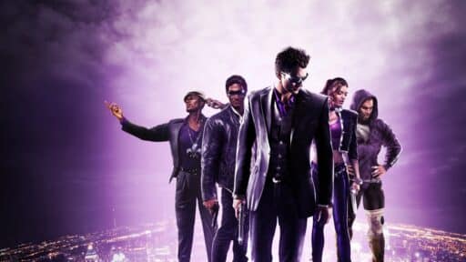 Five stylish characters stand confidently with a purple cityscape and dramatic sky in the background.