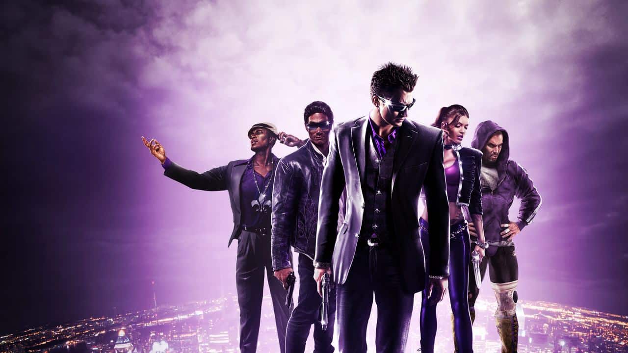 Five stylish characters stand confidently with a purple cityscape and dramatic sky in the background.
