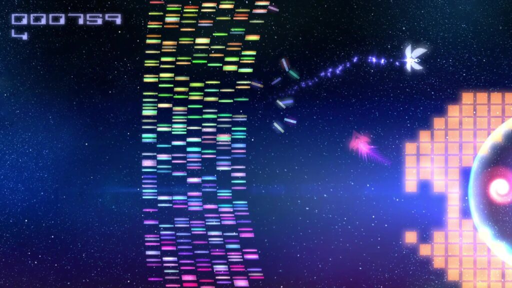 A spaceship fires at a colorful, vertical block wall in this space-themed video game, Atari 50: The Anniversary Celebration now available among GOG games on Amazon Luna.