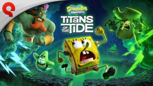 SpongeBob, Patrick, and Sandy flee from glowing green sea villains in a stormy, electrified setting in SpongeBob SquarePants: Titans of the Tide.