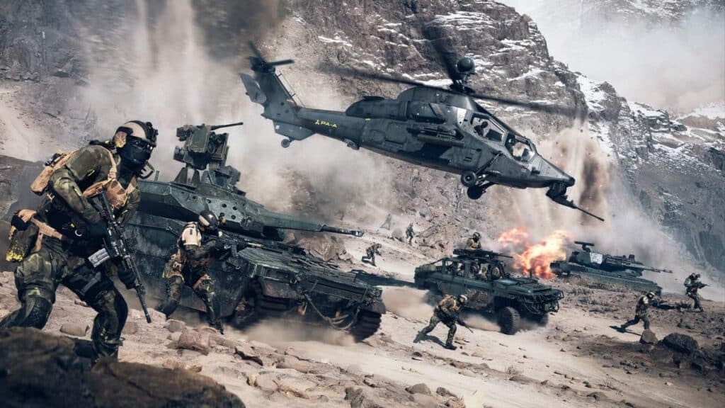 Soldiers, tanks, and a helicopter clash in a rocky, mountainous war zone with explosions and smoke—capturing the intense action seen in early Battlefield 6 beta impressions.