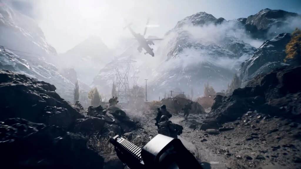 First-person view of a soldier aiming a gun as a helicopter flies over a rocky, mountainous battlefield—capturing the intensity seen in many battlefield 6 beta impressions.
