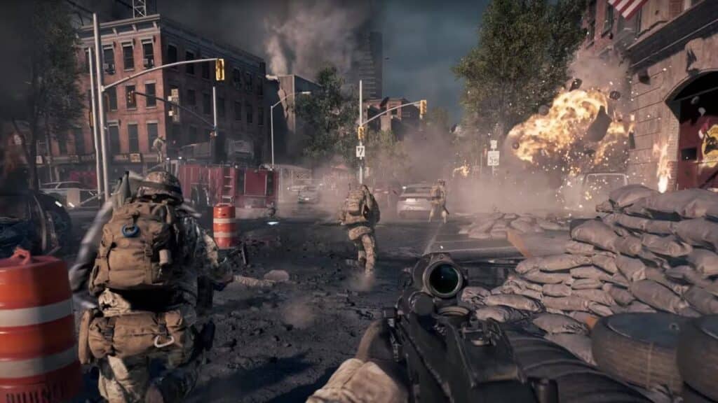 Soldiers advance through a war-torn city street with explosions and debris in the background in the Battlefield 6 open beta.