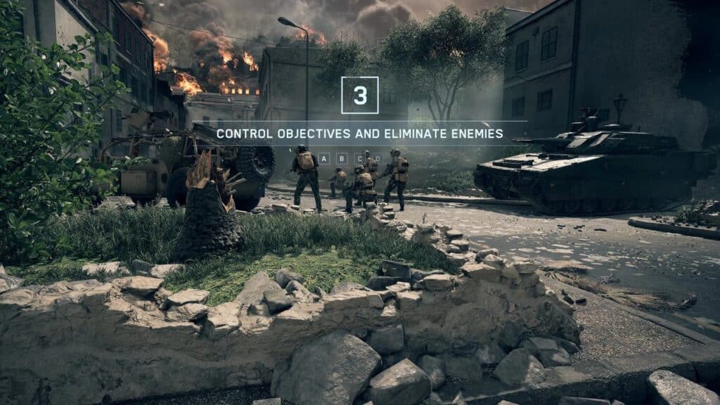 Soldiers gather on a war-torn city street between a tank and armored vehicle, fire raging in the background—a scene reminiscent of intense Battlefield 6 beta impressions.