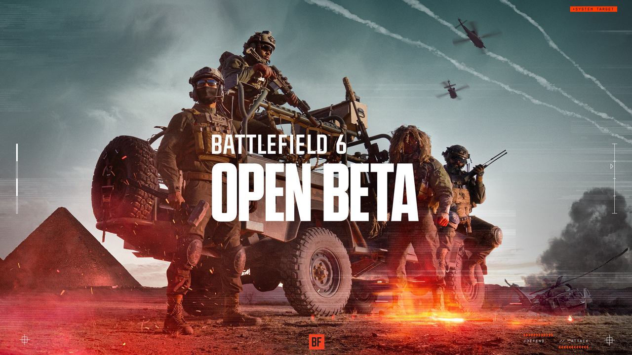Four armed soldiers stand by a military jeep in a desert with pyramids and planes in the sky. Text: "Battlefield 6 Open Beta—get firsthand battlefield 6 beta impressions.