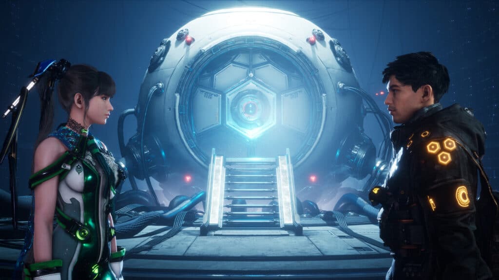 Two people in futuristic suits face each other in front of a glowing, high-tech machine with stairs in Stellar Blade.
