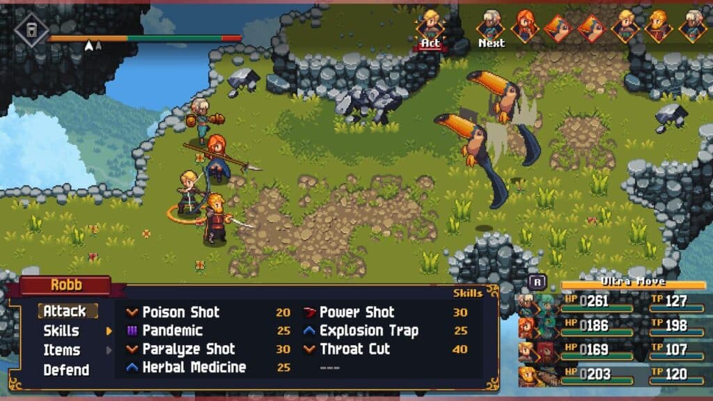 Chained Echoes, a turn-based RPG battle scene with four heroes fighting two large, colorful bird enemies on a grassy cliff, GOG games on Amazon Luna.
