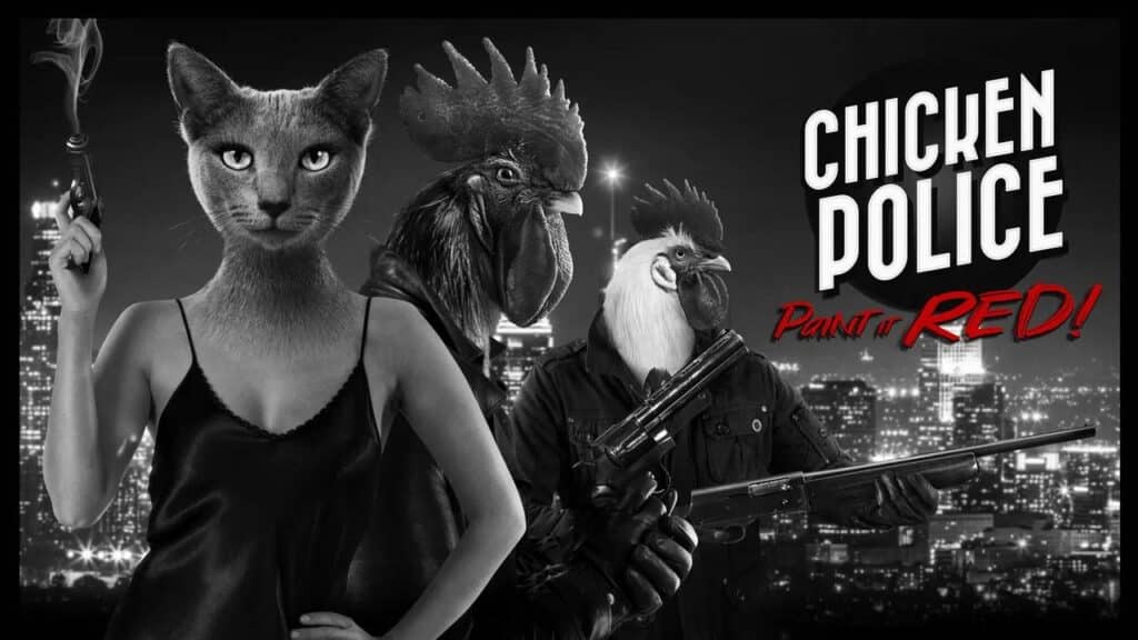 A cat and two rooster detectives in noir style, holding guns, with "Chicken Police: Paint it Red!" text, leaving Amazon Luna Plus.