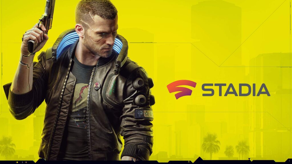 A man with a gun in a futuristic jacket stands next to the Stadia logo on a yellow background at the launch of Cyberpunk 2077 on Google Stadia.