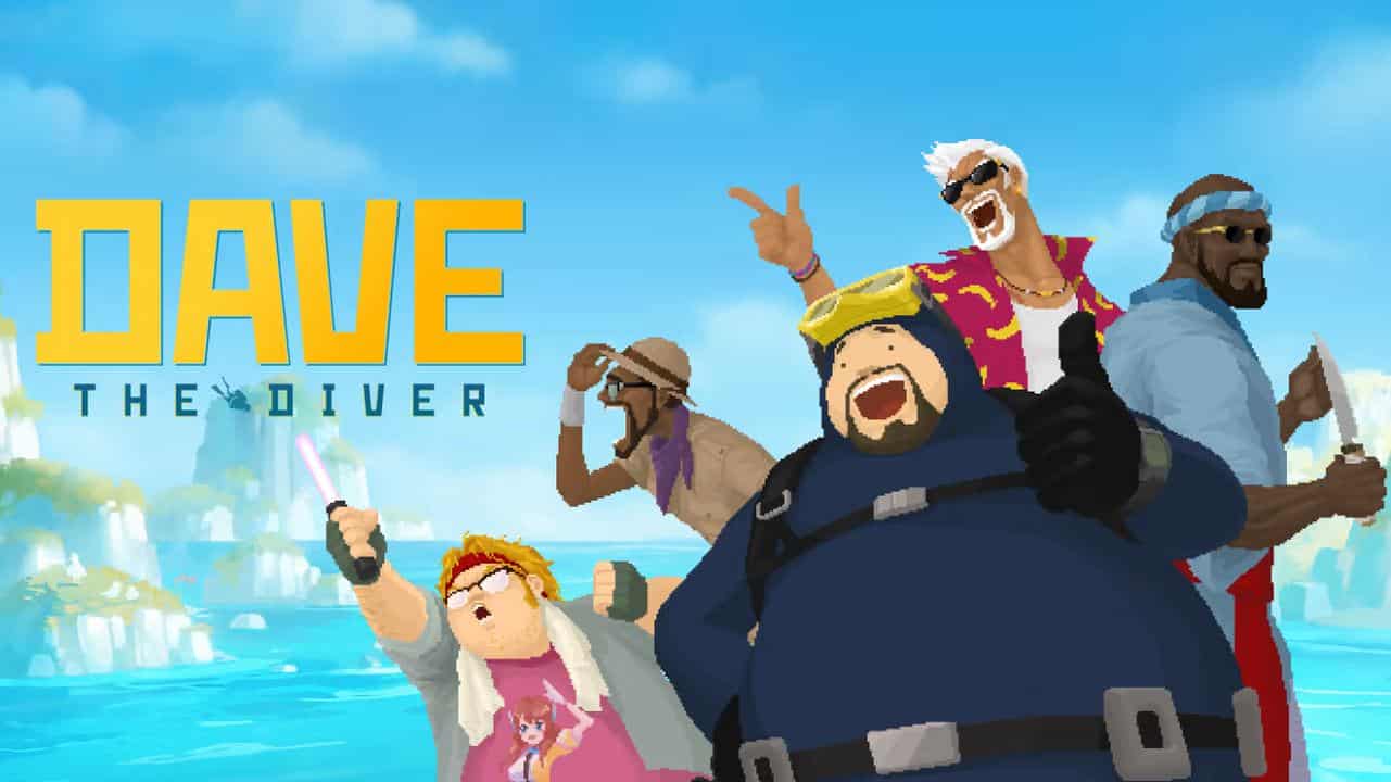 Five cartoon characters pose energetically by the sea with “DAVE THE DIVER” text on the left, now available to play on Amazon Luna Plus.