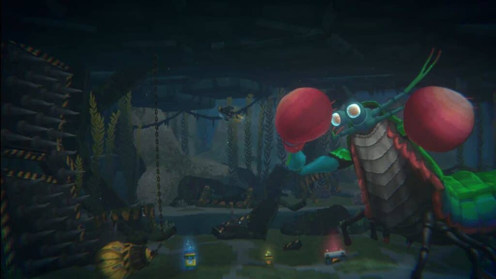 A giant, colorful mantis shrimp stands underwater amid debris and glowing objects in a deep-sea scene, reminiscent of Dave The Diver on Amazon Luna.