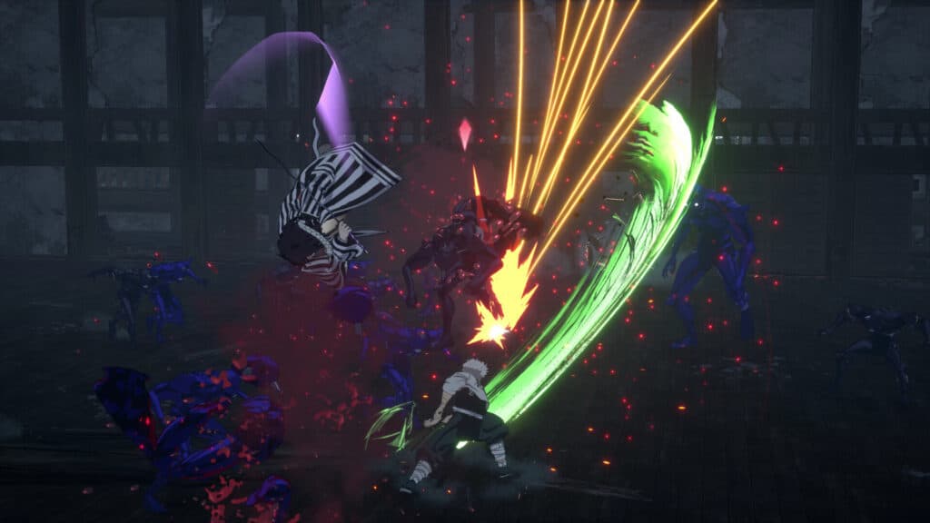 A character from Demon Slayer -Kimetsu no Yaiba- The Hinokami Chronicles 2 slashes enemies with bright energy trails in a dark, action-packed battle scene.